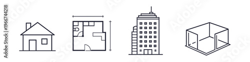 Collection of architectural icons representing different building types and plans