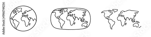 Simple line art illustrations of the Earth and world maps in different projections
