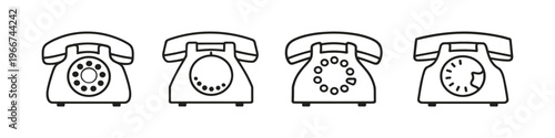 Collection of vintage rotary dial telephones in a simple line art style