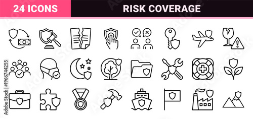 Professional Risk Management and Insurance Protection Services Minimalist Geometric Monoline Vector Outline UI Graphics for Finance.