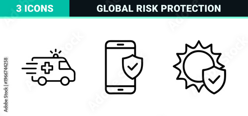 Insurance and Risk Management Monoline Icons featuring Minimalist Geometric Outlines for Commercial Finance and Personal Safety Protection