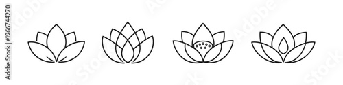 Set of elegant line art lotus flower icons representing purity and enlightenment