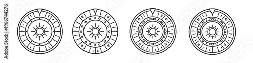 Set of four ancient circular calendars with sun symbol and celestial markings