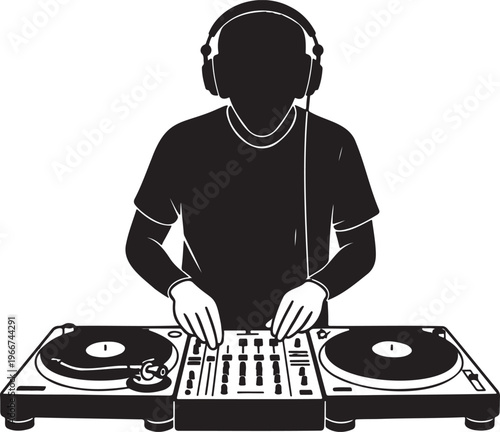 Dynamic silhouette of a disk jockey actively mixing music on turntables and a sound mixer, ready to electrify the crowd with rhythmic beats