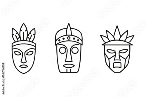 Collection of three stylized tribal masks with feathers and geometric patterns