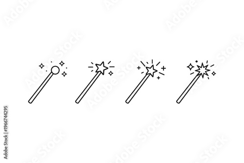 Collection of simple line art magic wands with sparkling effects
