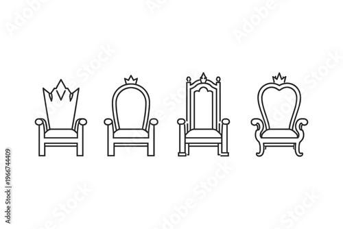 Collection of four ornate throne chairs with crowns, presented as line art