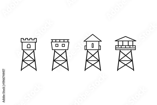 Collection of four distinct guard towers in a simple line art style