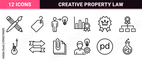 Intellectual Property Protection and Copyright Law Geometric Line Art Set featuring Minimalist Monoline Symbols for Legal Services.
