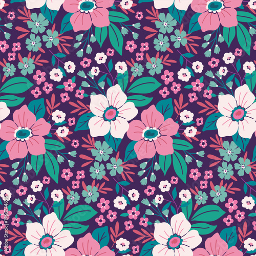 Seamless floral pattern, cute ditsy print in girly folk motif. Pretty botanical design, texture of hand drawn wild plants, large flowers, small leaves on a dark purple field. Vector illustration.
