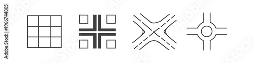 Collection of simplified road intersection icons and a grid pattern