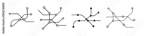Collection of simplified transit maps with different station markers and line styles