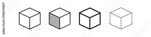 Set of four isometric cubes with different line styles and shading