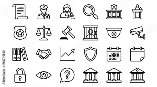 Law, Judgement, Lawsuit and Criminal investigation related icon set - Editable stroke, Pixel perfect at 64x64