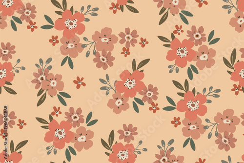 Seamless floral pattern, liberty ditsy print of hand drawn plants in natural colors. Cute botanical design of simple delicate bouquets, small flowers, tiny leaves on a beige field. Vector illustration