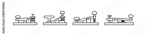 Collection of vintage Morse code telegraph keys in a simple line art style