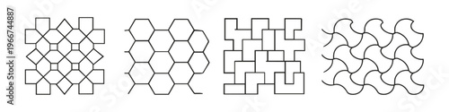 Collection of four geometric tiling patterns and tessellations in black and white