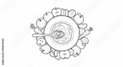 A circle of fresh fruits and vegetables surrounds a bowl of porridge