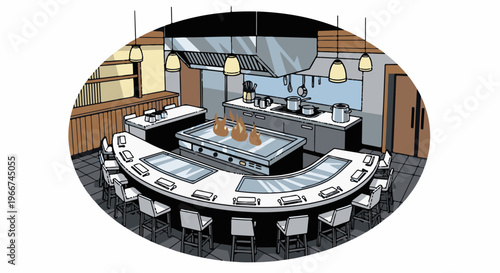A cartoon illustration of a restaurant kitchen with a hibachi grill and seating