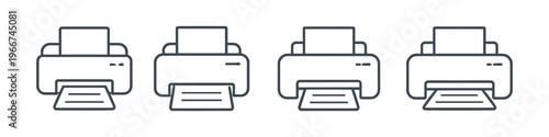 Set of four line art icons representing printers with paper outputting