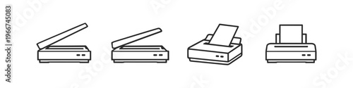 Set of line art icons representing scanners and printers in different perspectives