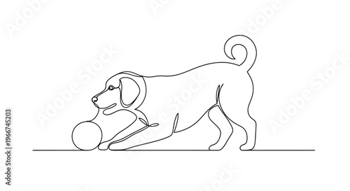 Continuous line drawing of a playful dog with a ball, minimalist art