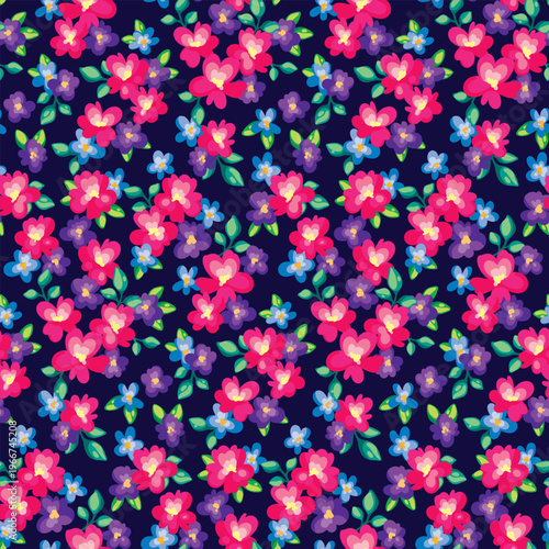 Seamless floral pattern, liberty ditsy print of tiny colorful watercolor plants. Cute botanical design of many small hand drawn flowers, mini leaves abstract on a dark background. Vector illustration.