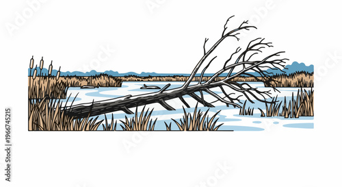 A fallen tree lies across a frozen pond, with reeds and distant hills