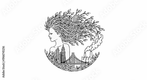 Woman with hair of leaves, cityscape, bridge, and smokestacks