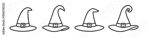 Collection of four distinct witch hats with buckles and varied pointed tops