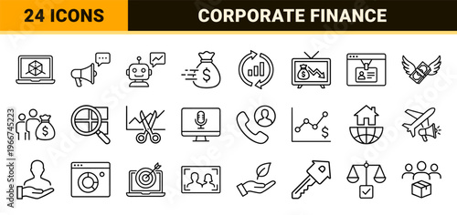 Investor Relations and Corporate Finance Metadata Outline Icons with Minimalist Geometric Line Art for Financial Reporting and Analysis