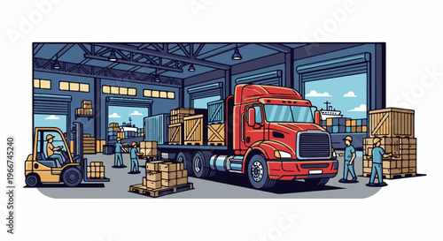 Warehouse with workers, forklift, truck, and cargo