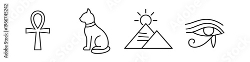 Collection of ancient Egyptian symbols including an ankh, cat, pyramid, and eye of Horus