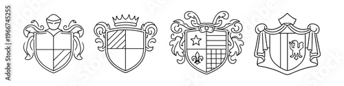 Collection of four distinct heraldic crests and coat of arms emblems