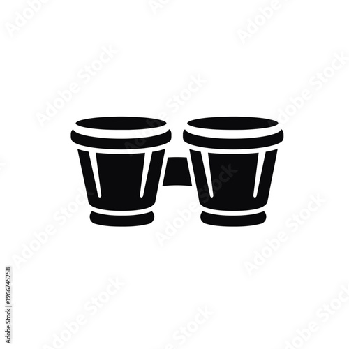 Striking black silhouette icon of a classic bongo drum set, featuring two connected hand percussion instruments, perfect for music design, education, rhythm applications, Latin themes, cultural events