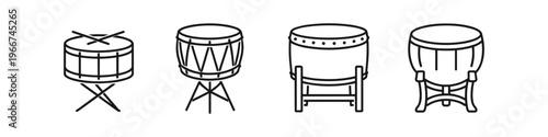 Collection of four distinct drum icons with stands and drumsticks