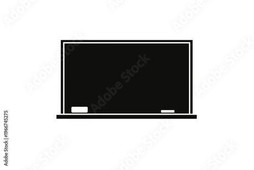 A versatile minimalist black chalkboard icon featuring a clear white frame, complete with a small piece of white chalk on its integrated tray, perfect for educational themes, learning apps, school sup