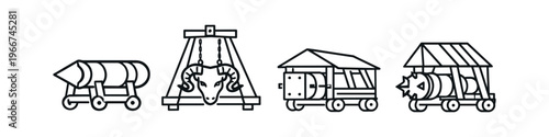 Medieval siege weapons and ancient artillery on wheels, line art icons