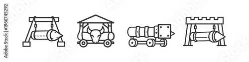 Collection of ancient siege weapons and artillery icons in a line art style