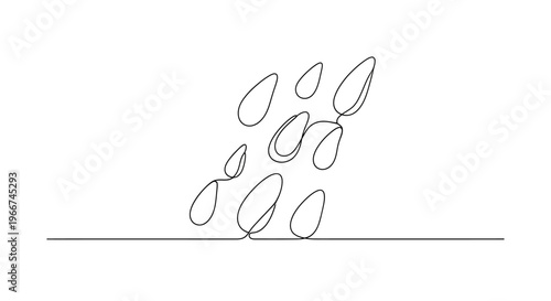 Minimalist single line drawing of falling raindrops on a white background