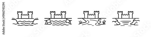 Collection of simple line art icons depicting castles on different terrains