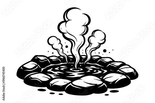 A striking monochromatic vector illustration of a serene natural hot spring, encircled by rugged rocks. Therapeutic steam gracefully rises from bubbling, tranquil waters, evoking geothermal wonder and