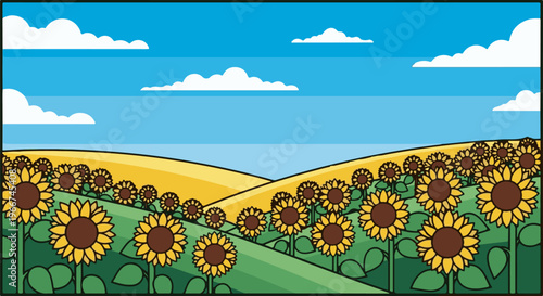 Sunny field with abundant sunflowers under a bright blue sky with clouds