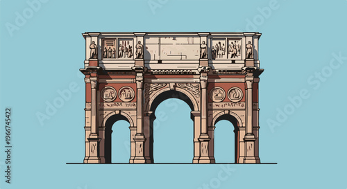 Stylized three-arched monumental stone structure with intricate carvings