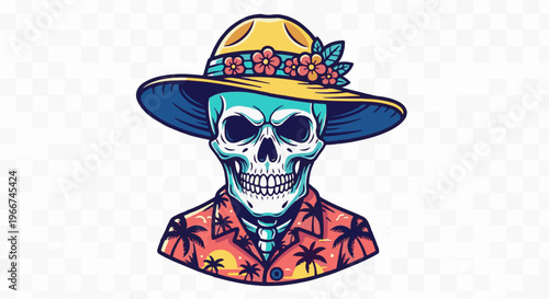 Stylized skull wearing a floral, wide-brimmed hat and tropical shirt