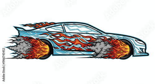 Stylized race car with fiery wheels and speed lines