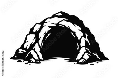 Striking black and white vector illustration of a mysterious cave entrance, showcasing a deep, shadowy opening within a rugged, ancient rock formation. Ideal for themes of adventure, exploration, geol