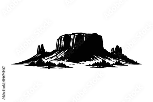 Majestic Western Mesa and Buttes Silhouette Vector Art: Iconic Desert Landscape Illustration for Outdoor Adventure, Travel, and Nature Design Projects, Capturing the Grandeur of the American Southwest