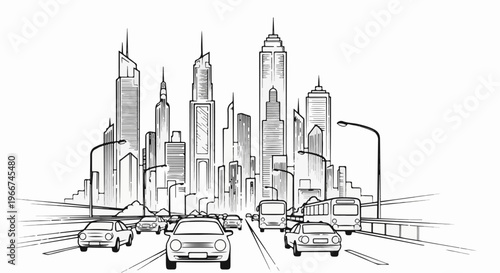 Stylized line drawing of a busy city street with cars, buses, and skyscrapers