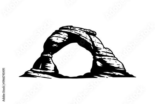 Iconic black and white vector illustration of Delicate Arch, the world-famous natural sandstone arch, a magnificent geological formation found in Arches National Park, Utah, USA, symbolizing stunning